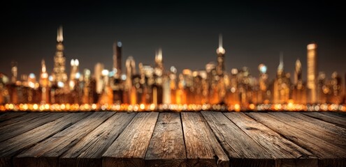 Fototapeta premium Wooden table with a city skyline in the background. The cityscape is blurred, giving the impression of a peaceful