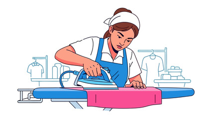 Ironing Chore: A focused individual diligently smooths a garment with a hot iron, set against a backdrop of clothing racks and the promise of domestic order.
