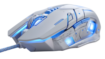 Stunning futuristic white gaming mouse with vibrant blue LED lights and intricate design for ultimate performance and style