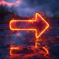 Bright glowing neon arrow on wet surface. Futuristic orange directional sign. Ideal for tech, nightlife, and digital backgrounds.