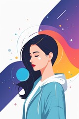 A serene woman meditating amidst colorful cosmic elements