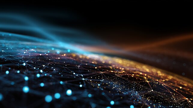 Vibrant network connections glow with futuristic digital data streams and bokeh lights, symbolizing global connectivity and innovation.