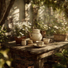 Sunlit rustic tea setup with flowers. Vintage cups and pots on wooden table. Perfect for cozy lifestyle and garden scenes.