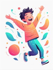 An animated depiction of a joyful individual amidst colorful splashes