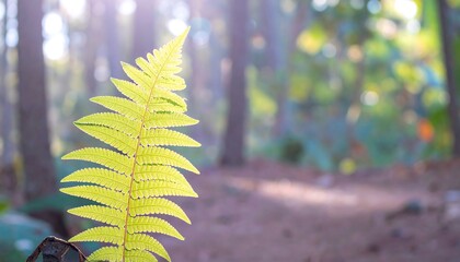 A vibrant fern leaf in a sunlit forest