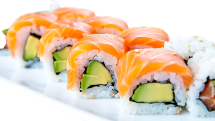 Delicious and colorful sushi roll with salmon and avocado, isolated on transparent background, a perfect dish for a healthy and tasty meal, served in a restaurant or at home with friends and family
