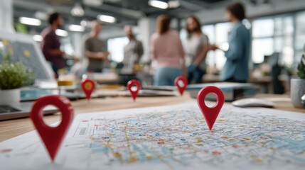 Fototapeta premium Group of people are standing around a table with a map of a city on it. There are five red pins on the map