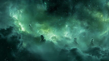 fantasy glaxy with extraterrestrial beings green background