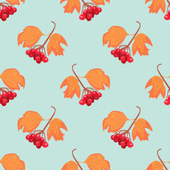 Seamless vector pattern with autumn orange leaves and red viburnum berries on light background. Seasonal decorative design.