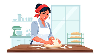 Crafting Dough: A woman wearing a red bandana kneads dough at a wooden table in a clean, well-lit kitchen, focused on preparing culinary creation.