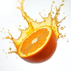 Juicy orange half with vibrant citrus splash frozen in motion. Liquid droplets and splash create dynamic effect. Bright orange color emphasizes freshness. Fruit, food, drink, isolate.