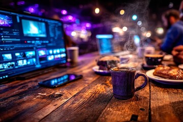 Creative minds gather over coffee and pastries during a lively editing session at a vibrant workspace in the evening