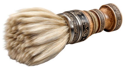 Exquisite vintage shaving brush with ornate wooden handle and detailed metal accents, perfect for luxury grooming and barbershop aesthetics