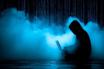 Person is sitting on the floor with a laptop in front of them. The laptop is open and the person is typing