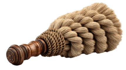 Exquisite ornamental tassel with intricate wooden handle and braided rope detail, perfect for luxury decor and design projects