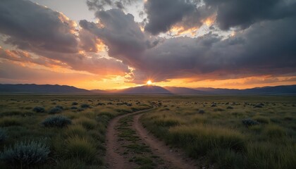 Dramatic sunset over Caribou-Targhee National Forest with sunbeams piercing stormy clouds. Winding dirt road leads through vast grassy meadow towards distant mountains. Vibrant orange, yellow hues