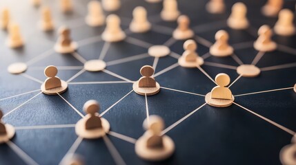 Wooden figures connected by lines on a dark background representing connections