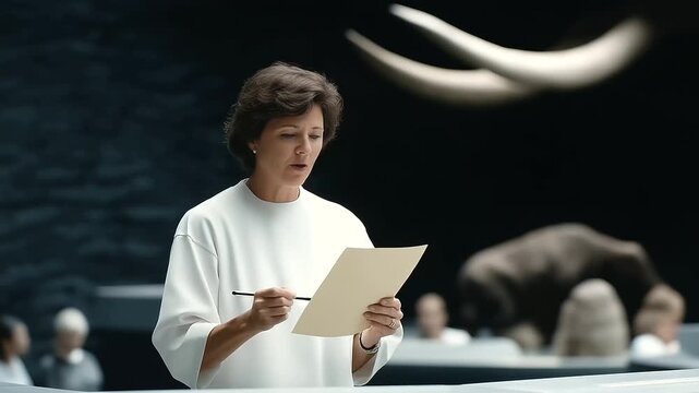 A docent explains a fossil display in a paleontology wing with bones mounted a pointer gesturing visitors taking notes and a diorama of prehistoric life nearby shown in a educ