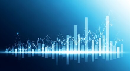 Digital financial graph with rising bars and reflection on dark background