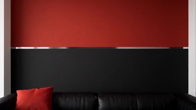 Modern Minimalist Living Room with Red and Black Accent Wall - A stylish modern living room features a black leather sofa with a red accent pillow in front of a striking two-tone wall.