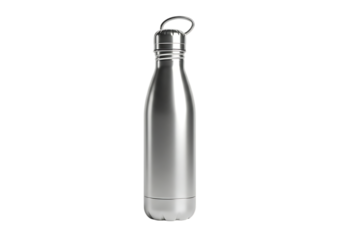 Reusable stainless steel water bottle isolated on transparent background for mockup