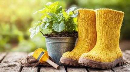 Yellow Rubber Boots Beside Potted Plant on Wooden Table Outdoors
