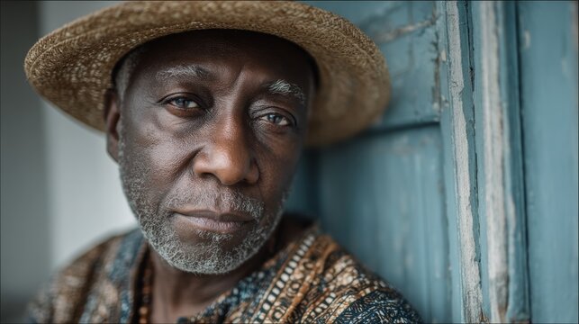 Thoughtful elderly black man in straw hat leaning on a rustic wooden door