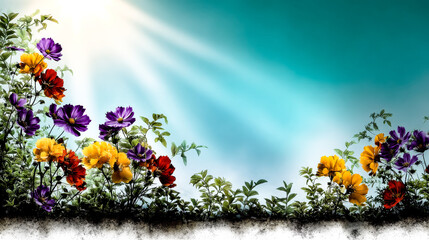 Obraz premium Colourful cosmos flowers in purple, yellow and red create a vibrant floral frame against a sky backdrop, perfect for a greeting card or banner.
