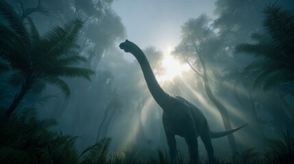 Towering brachiosaurus moving slowly through dense prehistoric forest with sunlight rays