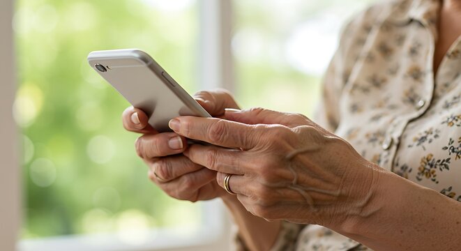 Senior woman using her modern smartphone indoors closeup - Powered by Adobe