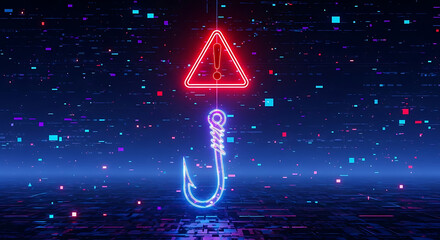 Neon glowing fishing hook symbolizing phishing cyber attack scam and online fraud with digital warning alerts representing hacking and security breach threats