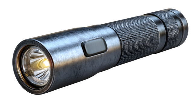 Powerful, modern metal flashlight with bright beam, perfect for emergency preparedness, outdoor adventures, and professional use.