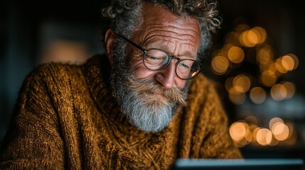 Senior man using tablet with bokeh lights in cozy setting