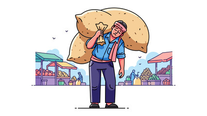 Farmer's Harvest: A farmer, burdened with heavy sacks, navigates through a bustling market scene, illustrating the dedication and toil of agriculture and a life of labor