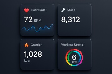 Fitness tracking dashboard with heart rate, steps, calories, and workout streak, in a sleek modern style on dark background
