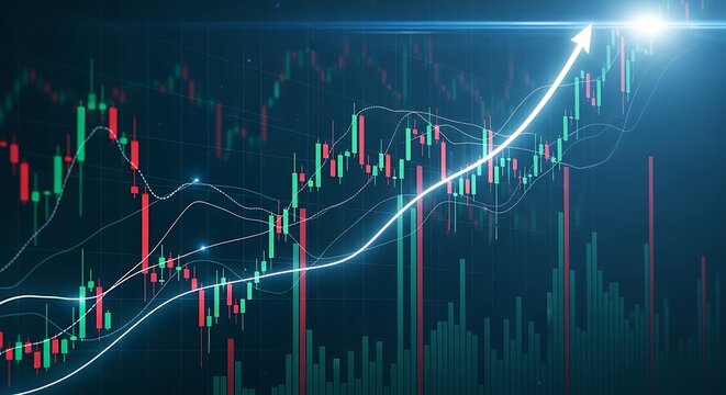 Candlestick stock chart with rising arrow and data visualization