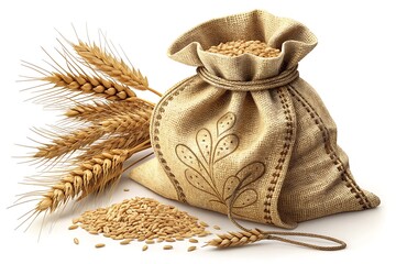 Bag of golden wheat grains with stalks and scattered seeds on white background