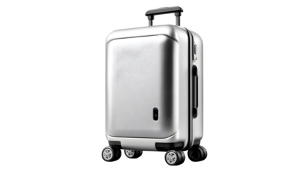Sleek silver modern suitcase with retractable handle and spinner wheels for effortless travel and business trips.