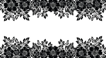Black and white floral border design with intricate flower and leaf silhouettes framing a central white space, perfect for decorative purposes.