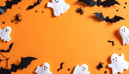 Halloween-themed flat lay with white ghost figures, black bats and spiders on orange background with empty center.
