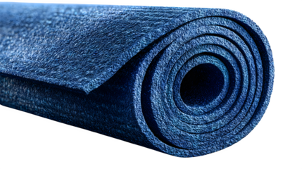 Luxurious deep blue yoga mat rolled tightly, showcasing textured surface and inviting comfort for wellness routines and mindful practice.