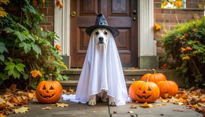 Obraz premium Dog in ghost costume with witch hat sitting beside jack-o'-lantern on autumn leaf-covered path in festive Halloween scene.