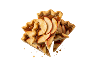 Three slices of apple pie isolated on transparent background, top view, closeup