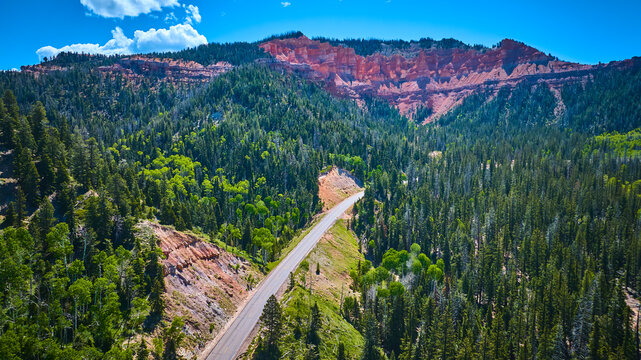 Aerial Scenic Road Forest and Red Rock Cliffs Dixie National Forest Utah