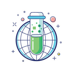 Global science research and innovation with test tube and earth icon