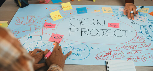 A dynamic workspace represents a brainstorming session, showcasing diverse hands engaged in planning a new project with colorful sticky notes and creative concepts. SACTR