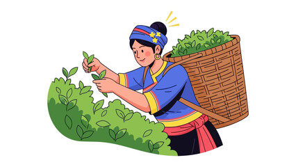Tea Harvesting Illustration: An illustration of a tea harvester delicately plucks fresh tea leaves from verdant tea bushes, embodying the essence of traditional tea culture.