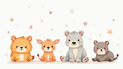 Naklejka premium Illustrations of adorable, soft-bodied animals with gentle colors and simple shapes designed to be friendly and appealing for children’s books and educational materials.