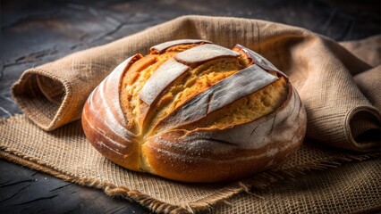 Rustic loaf of bread on burlap baking food.