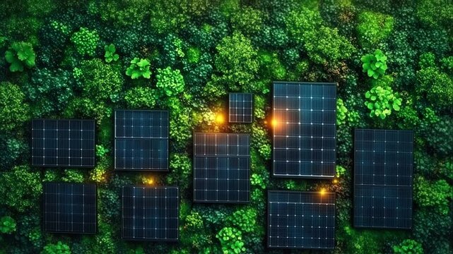 Aerial view of solar panels integrated into lush greenery, highlighting sustainable energy use